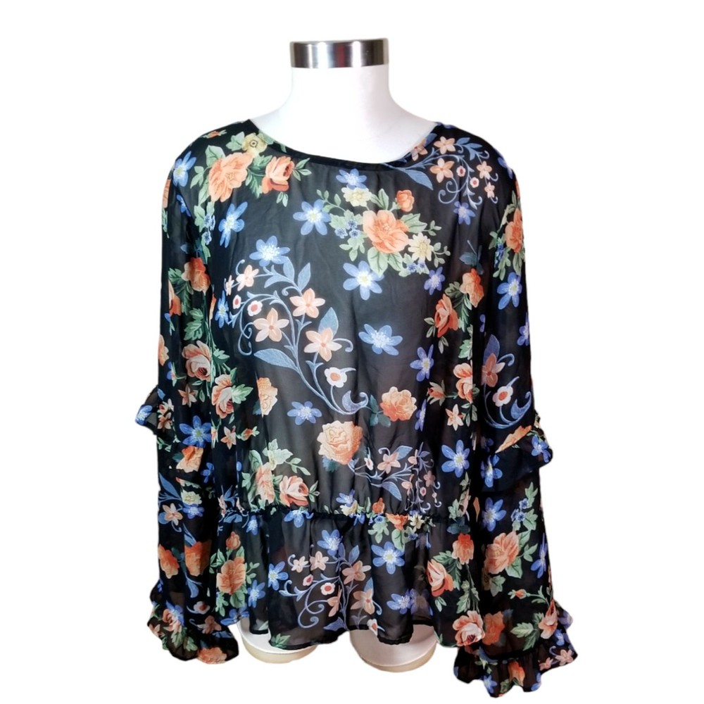 Forever 21+ Peplum Black Shirt Floral Print Women's Sheer Fabric Ruffles Size 3X